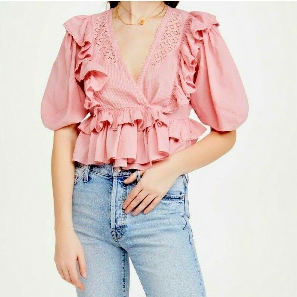 Farm Rio Anthropologie Blush Pink Wrap Blouse Top Size Medium
